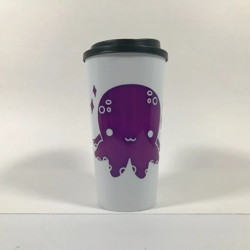 Purple Octopus Travel Tumbler White Reusable Coffee Cup with Black Lid